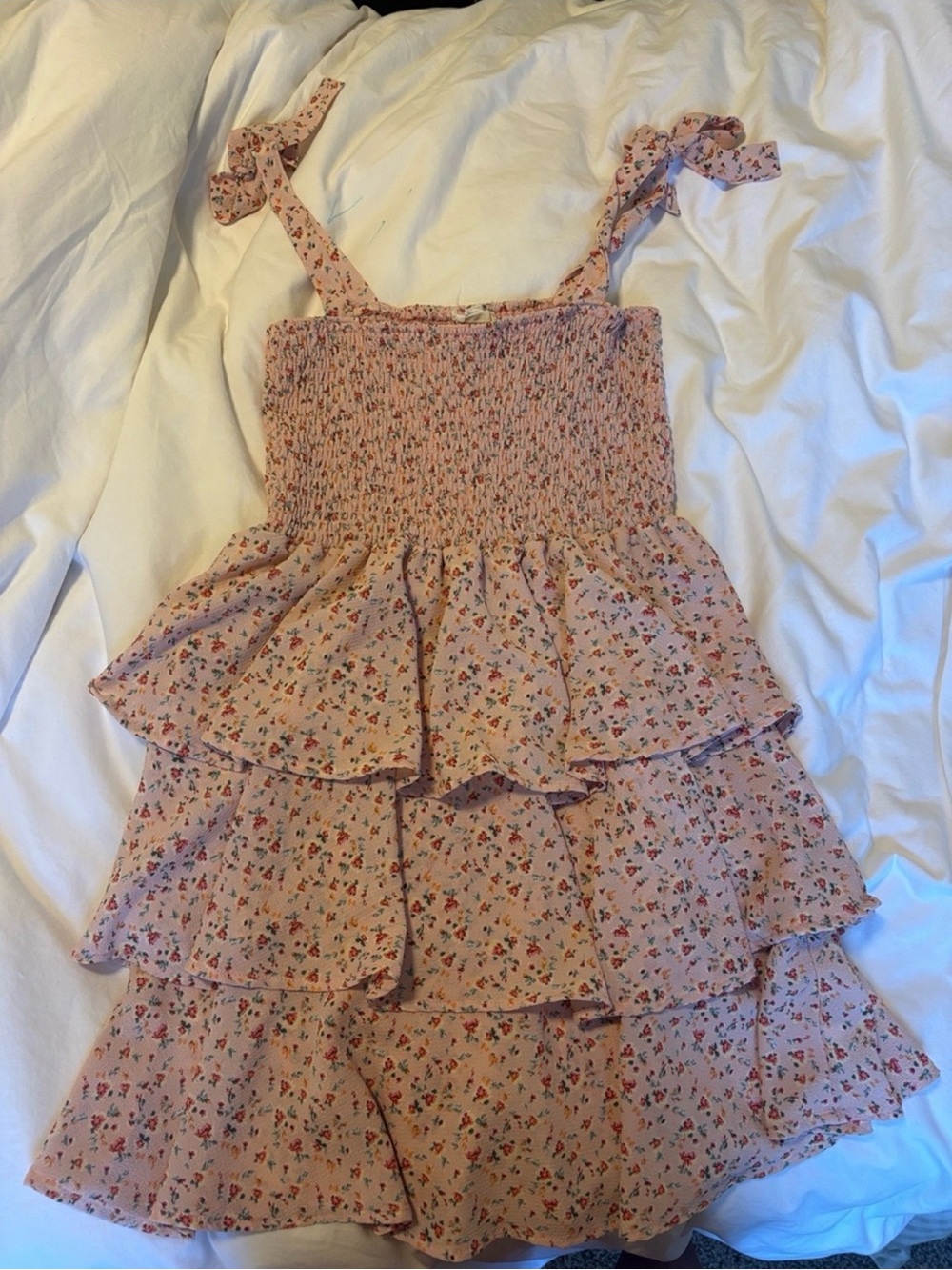 Smocked Pink Floral Tiered Sundress with Tie Straps